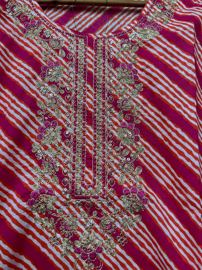 Rani Pink Leheriya Kurta Set with Gold Zari Embroidery & Red Palazzo Dupatta
