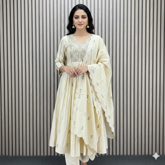 Cream Anarkali Kurta Set with Scallop Dupatta