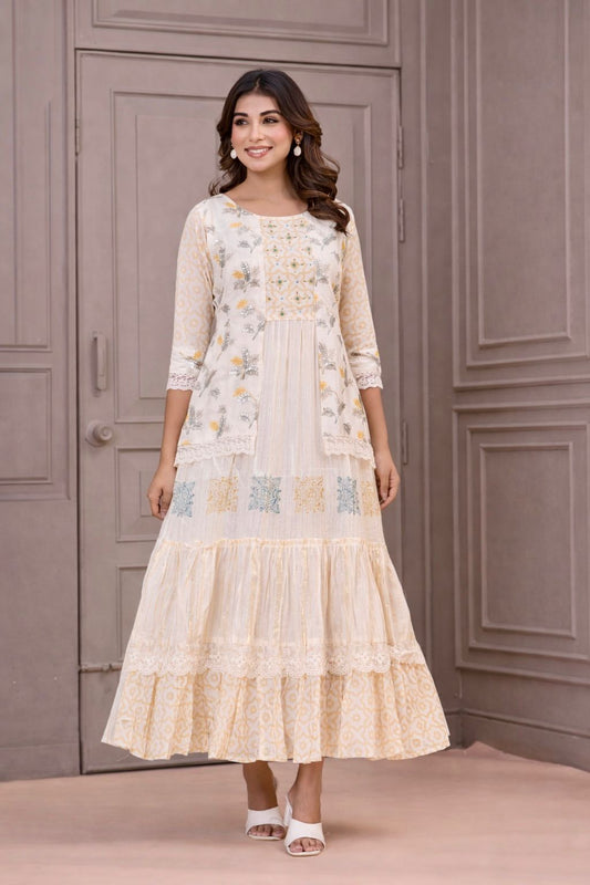 Cream Floral Print Tiered Maxi Kurti