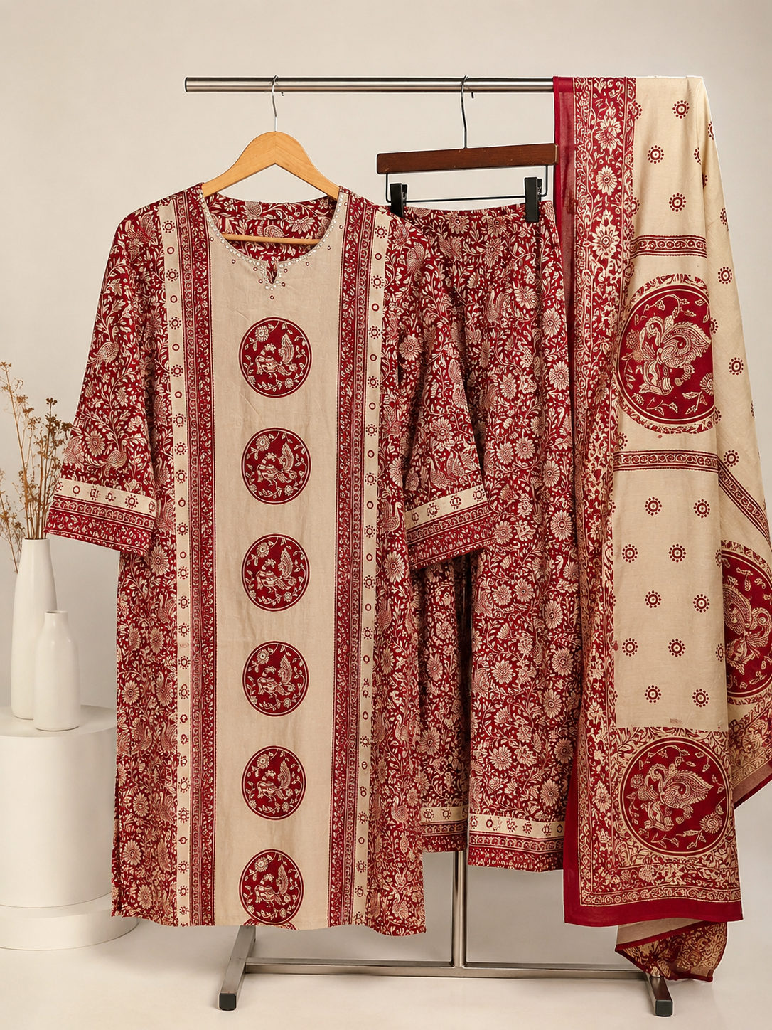 Crimson Heritage Printed Cotton Kurta Set with Dupatta