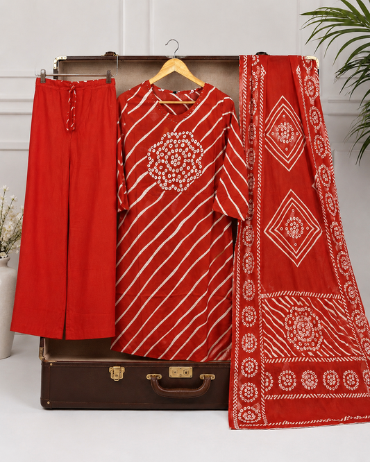 Red Lehariya Bandhani Kurti Set with Palazzo & Dupatta