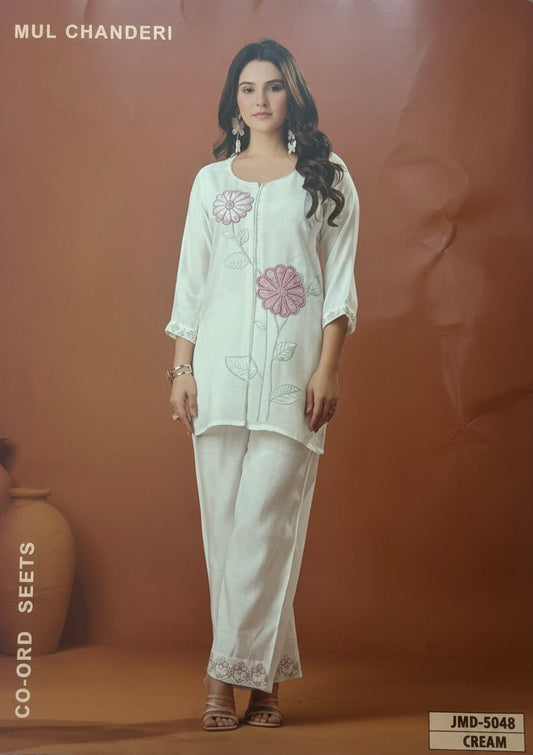 Ivory Bloom Coord Set | Mul Chanderi | Resham & Hand-Beaded Moti Floral Embroidery