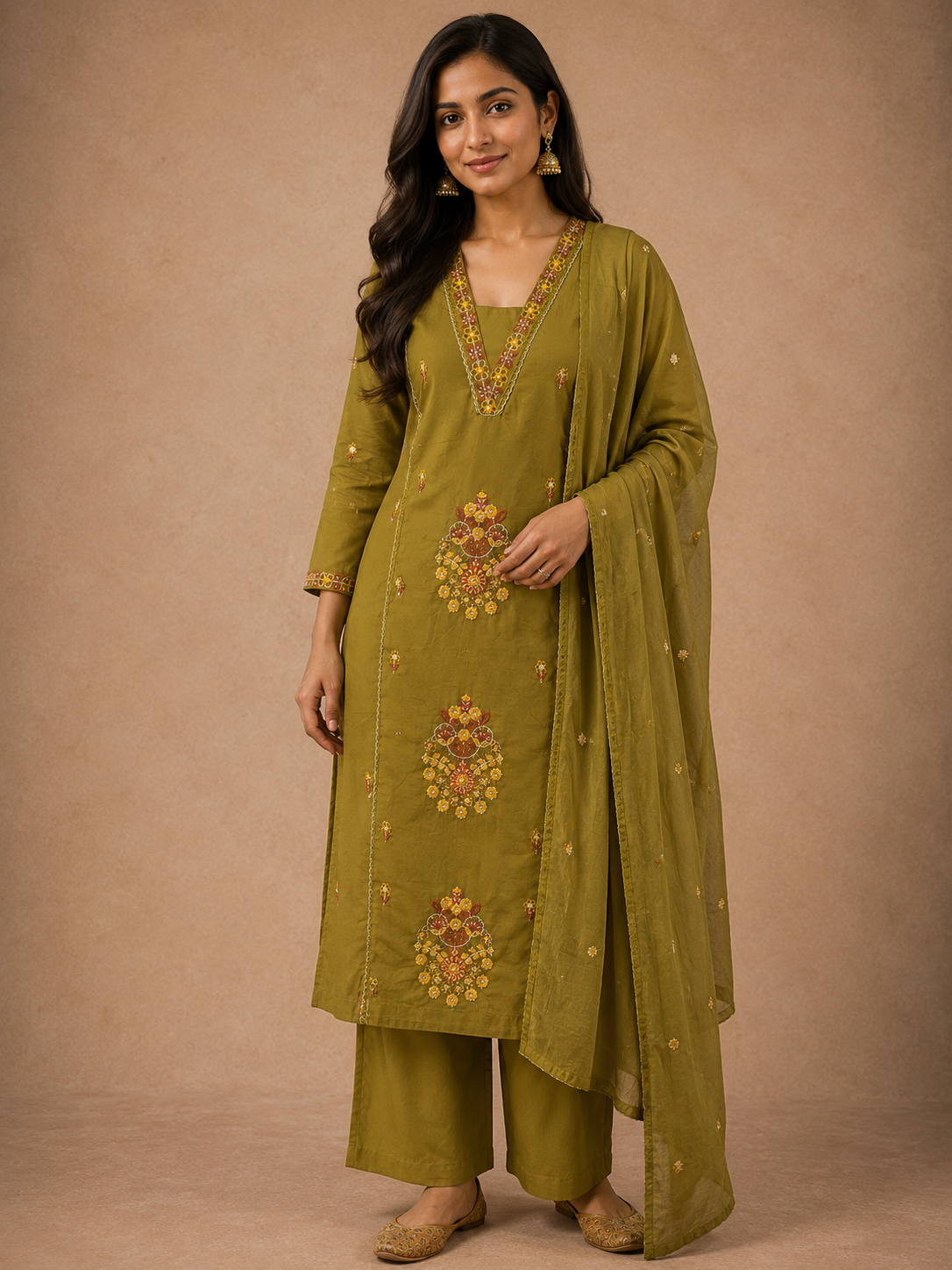 Olive Bloom Embroidered Cotton 3-Piece Suit