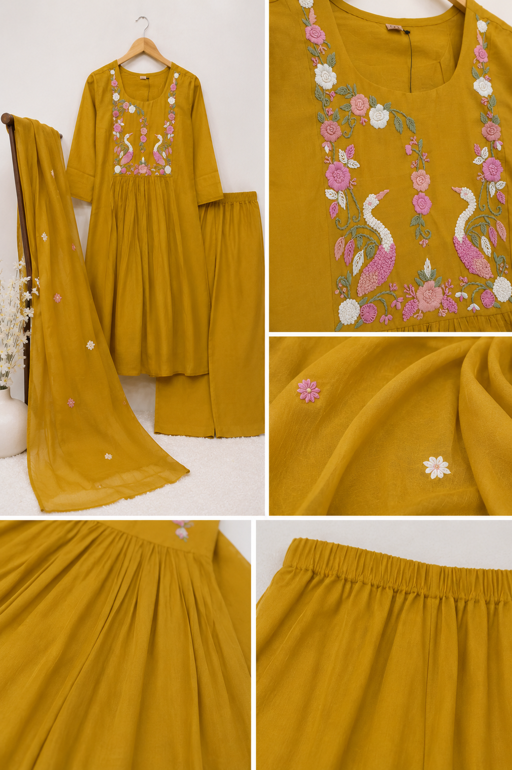 Mustard Crane Garden Embroidered Kurta Set | 3-Piece Coord