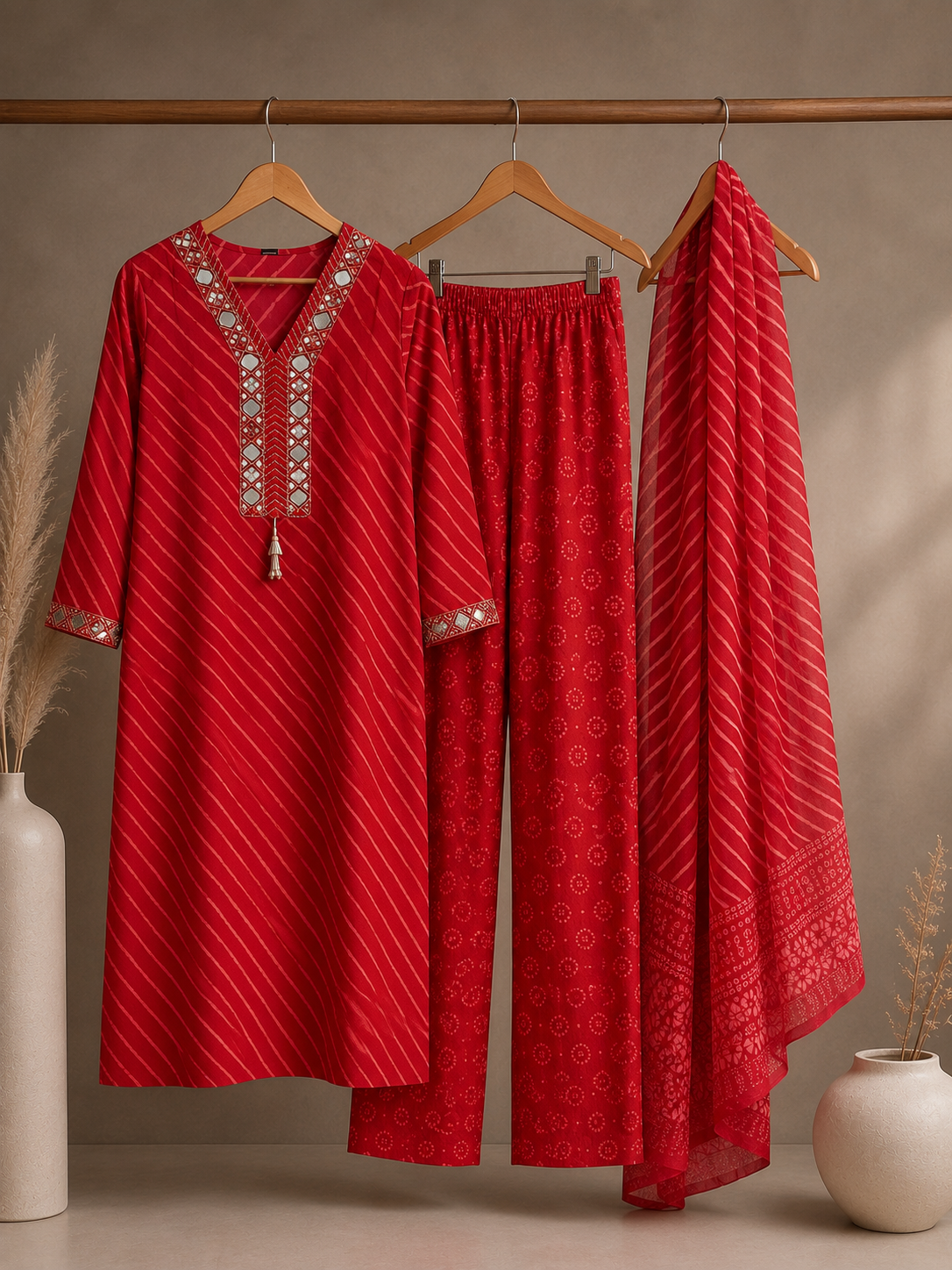 Red Leheriya Mirror Work Kurta Set with Palazzo & Dupatta