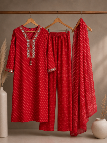 Red Leheriya Mirror Work Kurta Set with Palazzo & Dupatta