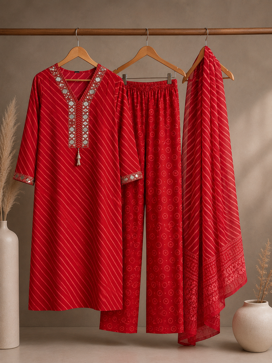 Red Leheriya Mirror Work Kurta Set with Palazzo & Dupatta
