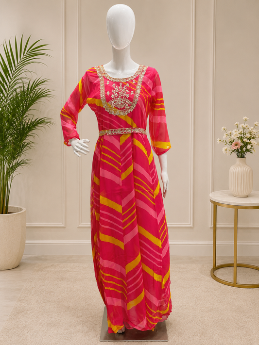 Rani Pink Leheriya Embroidered Anarkali Gown with Belt