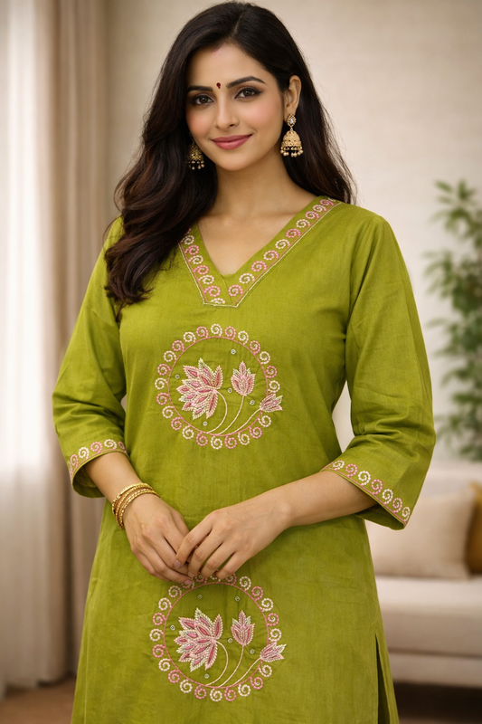Mehandi Green Embroidered Straight Kurti