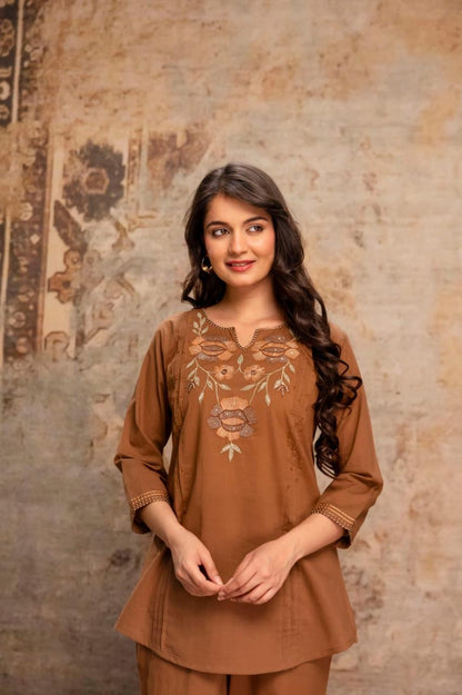 Amber Bloom Embroidered Kurti & Pant Coord Set