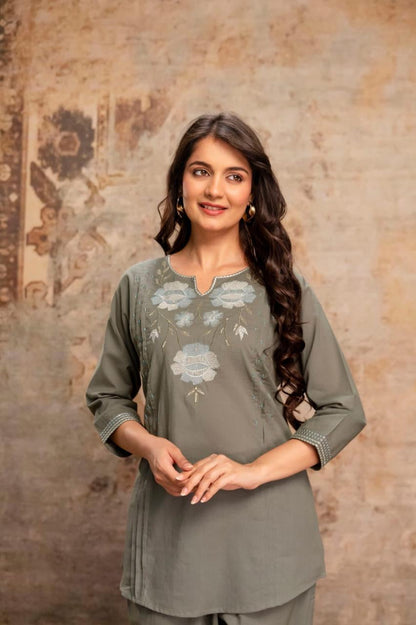 Green Bloom Embroidered Kurti & Pant Coord Set