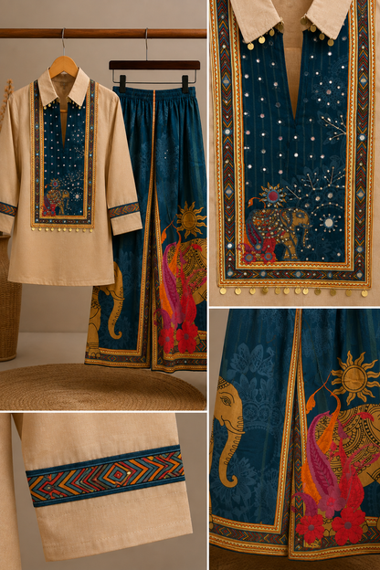 Celestial Gaj Coord Set – Light Brown Embroidered Kurta with Mirror Work & Teal Jacquard Printed Wide-Leg Palazzo