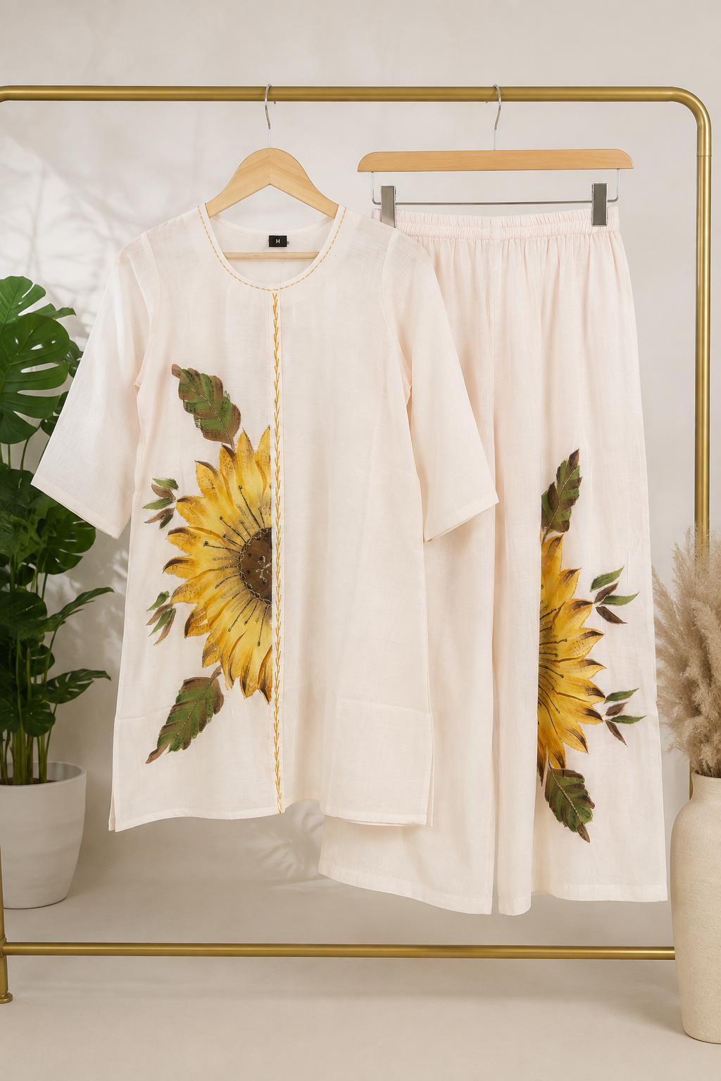 Off-White Sunflower Hand-Painted Cotton Coord Set