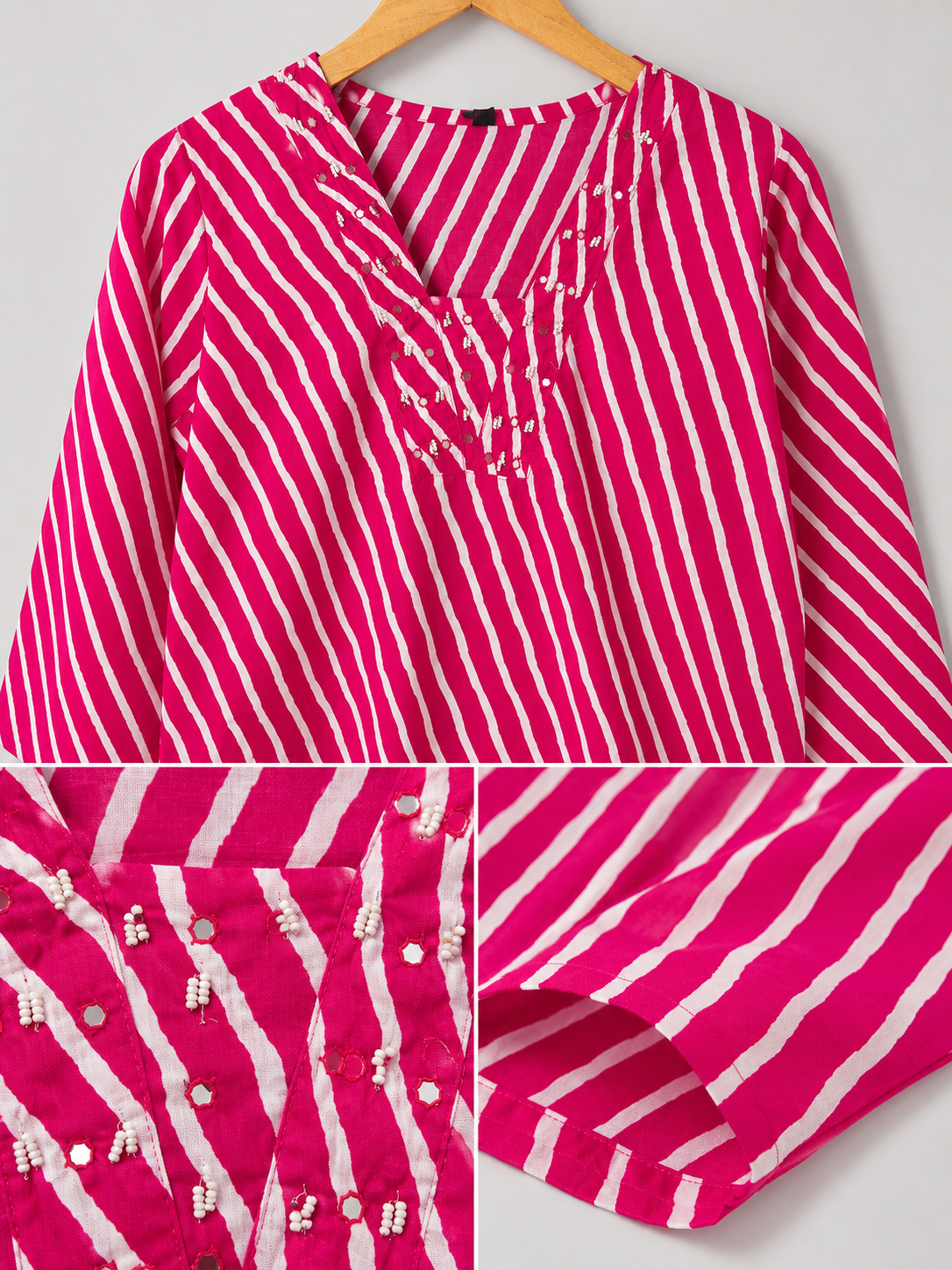 Rani Pink Leheriya Kurti with Mirror & Bead Embellished Yoke