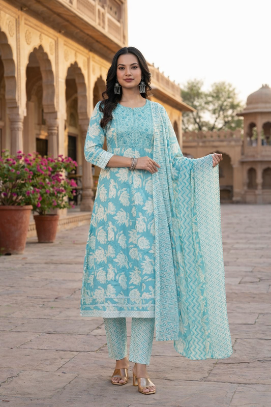 Firozi Floral Block Print Anarkali Kurta Set with Dupatta