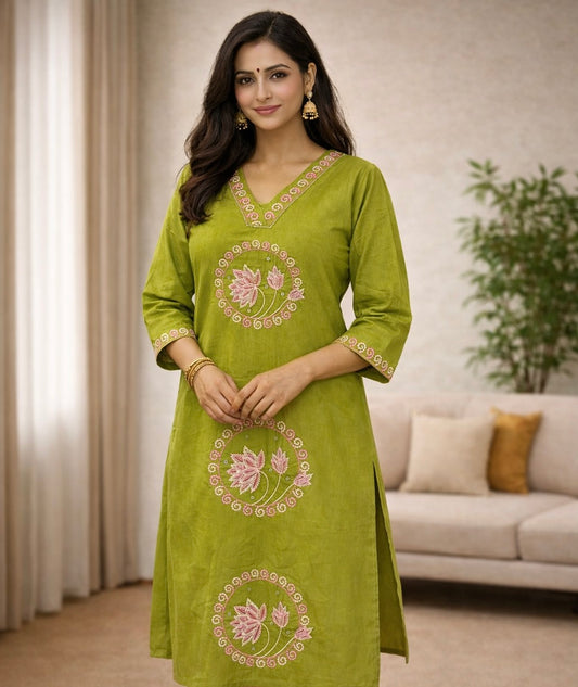Mehandi Green Embroidered Straight Kurti