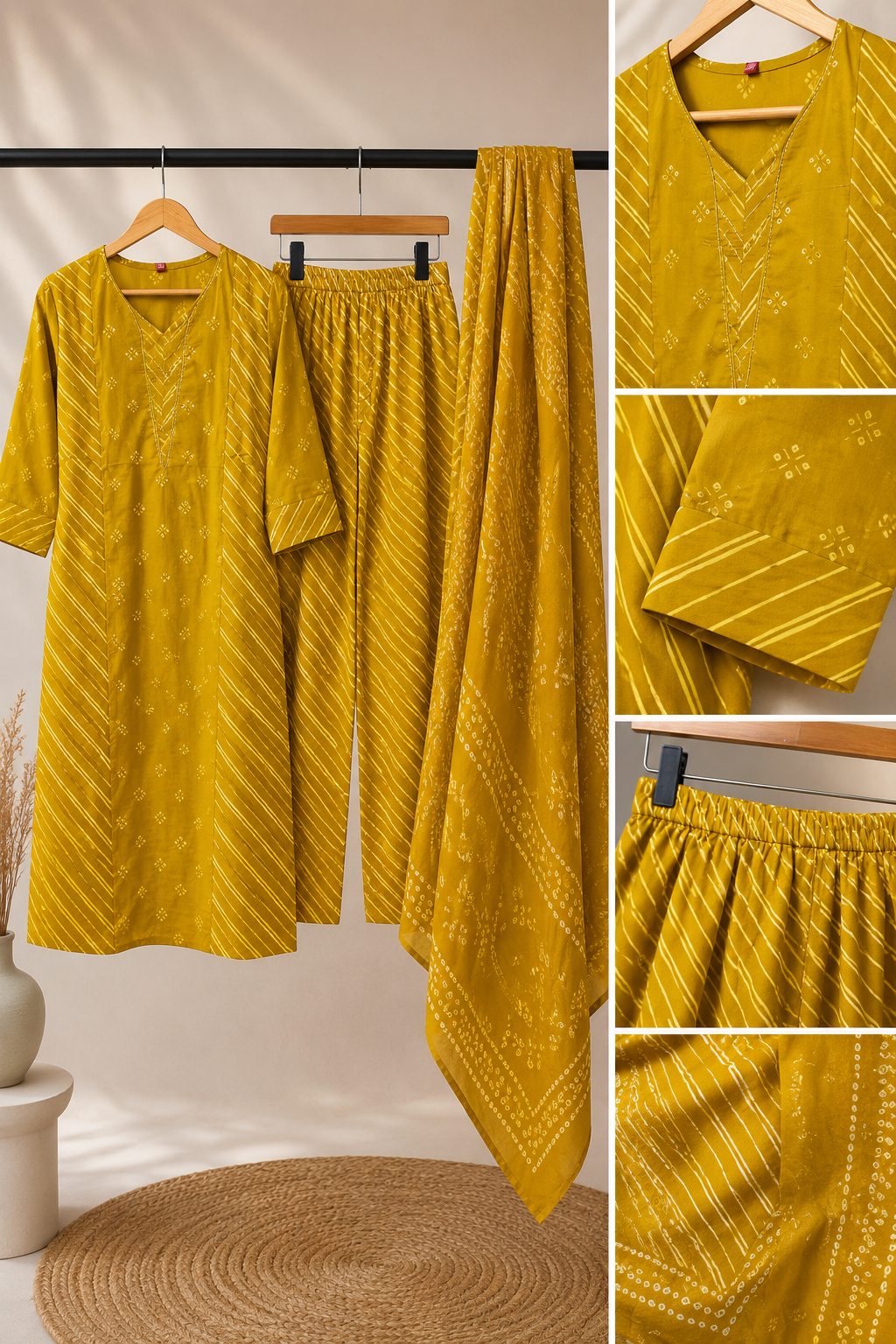 Mustard Yellow Bandhani Leheriya 3-Piece Kurta Set with Dupatta