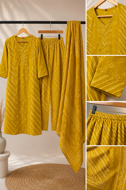 Mustard Yellow Bandhani Leheriya 3-Piece Kurta Set with Dupatta
