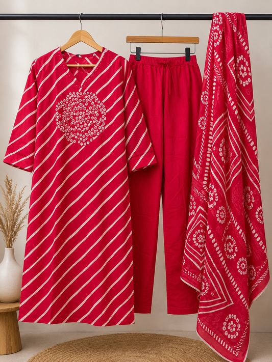 Red Bandhani Leheriya Kurta Set with Straight Pants & Dupatta | 3-Piece Ethnic Co-ord Set