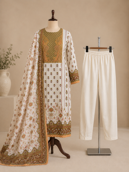 Ivory & Olive Floral Printed Poly Chinnon 3-Piece Suit Set