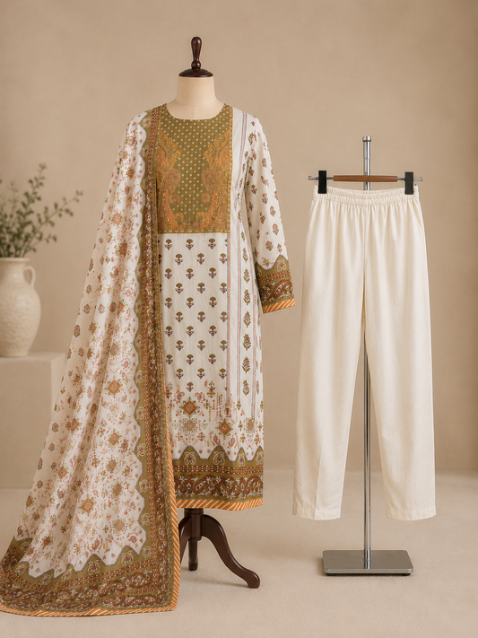 Ivory & Olive Floral Printed Poly Chinnon 3-Piece Suit Set