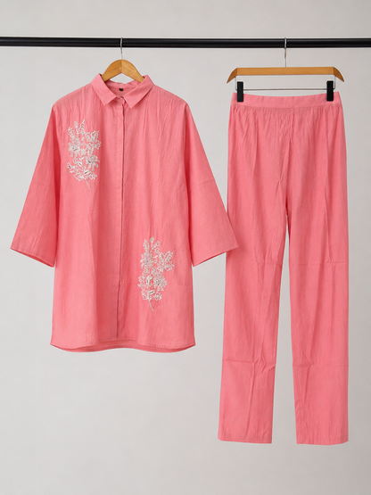 Model wearing rose pink pearl embroidered cotton coord set