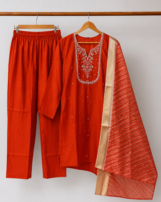 Rust Bloom — Embroidered Silk Kurta Set with Banarasi Dupatta