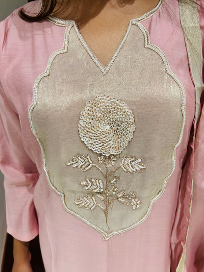 Blush Pink Zardozi Motif Mul Cotton 3-Piece Suit Set