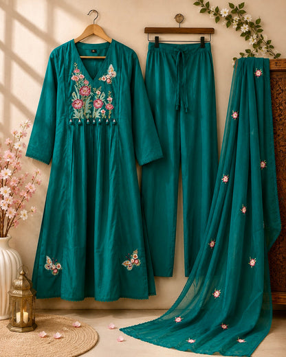 Teal Bloom Embroidered 3-Piece Kurta Set