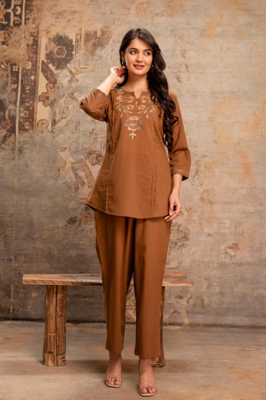Amber Bloom Embroidered Kurti & Pant Coord Set