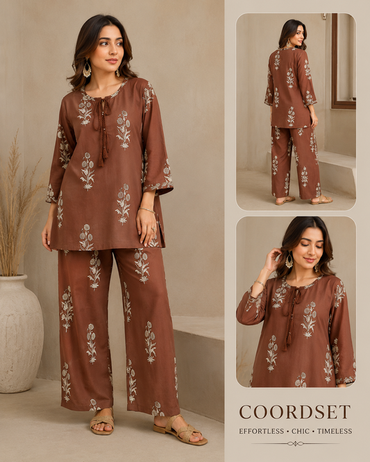 Chocolate Brown Floral Print Cotton Coord Setye