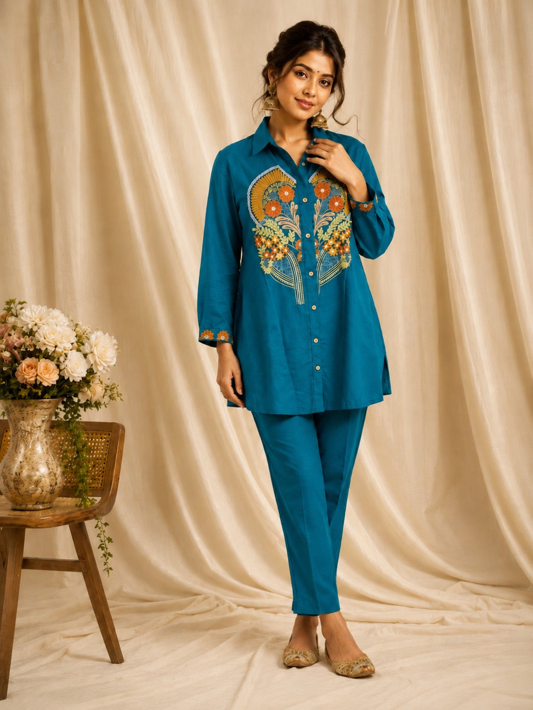 Teal Floral Embroidered Shirt & Palazzo Coord Set
