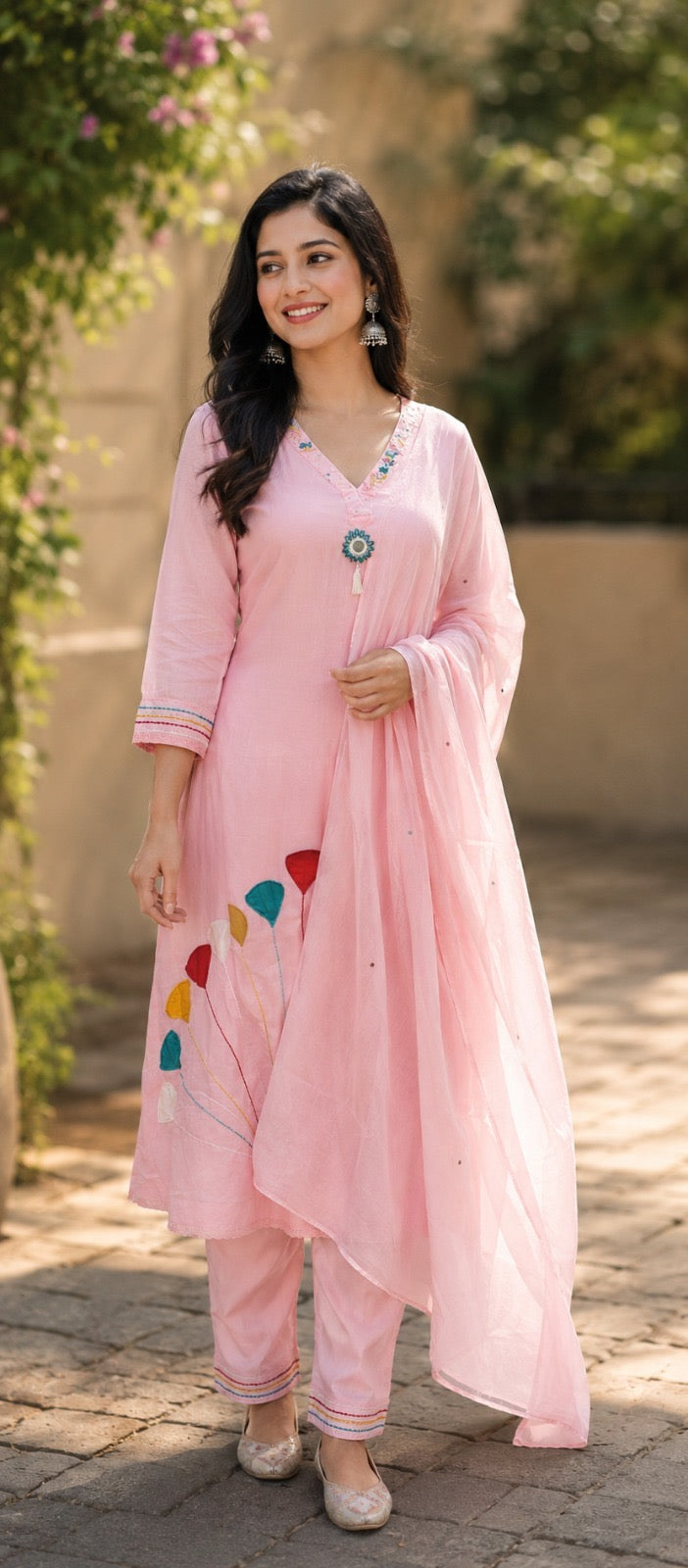Blush Pink Motif Kurta Set with Dupatta | 3-Piece Ethnic Co-ord