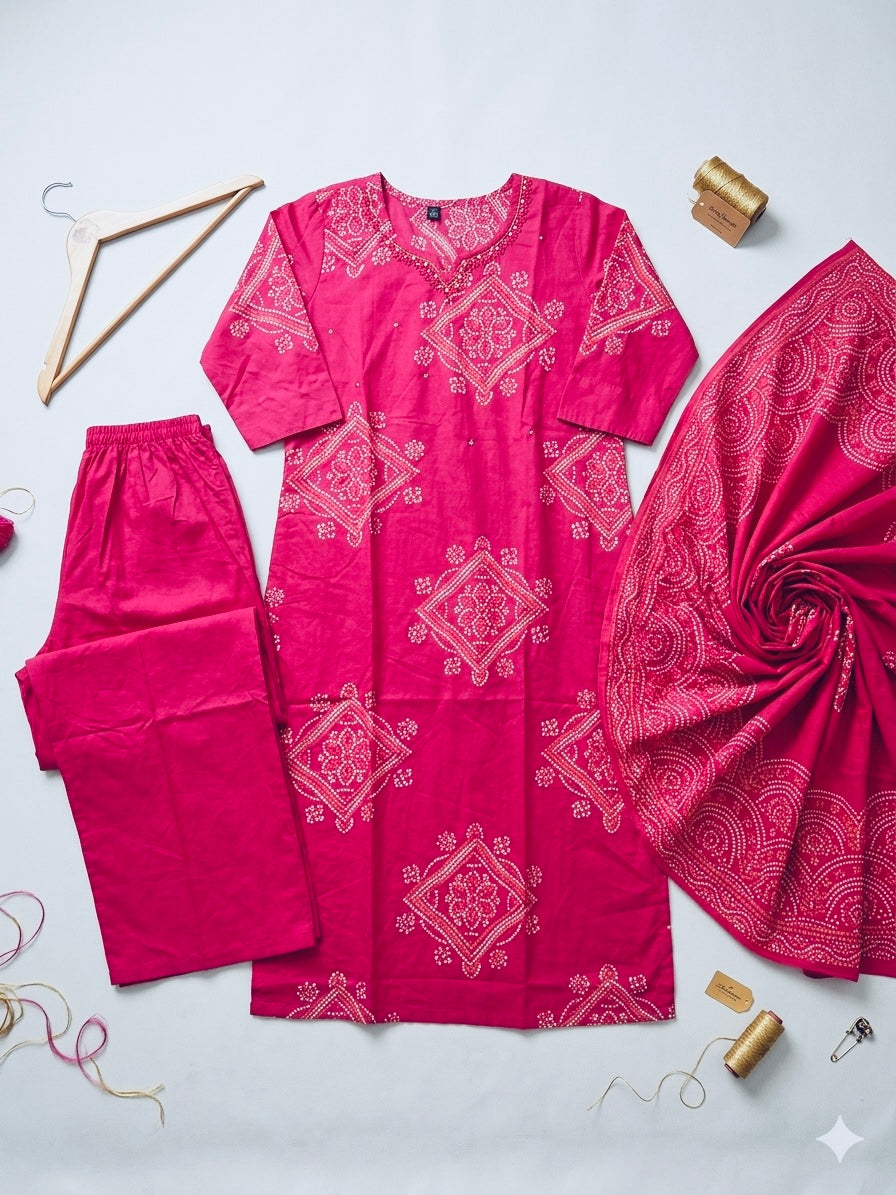 Red Bandhani Print Cotton Suit Set with Embroidered Neckline & Chiffon Dupatta
