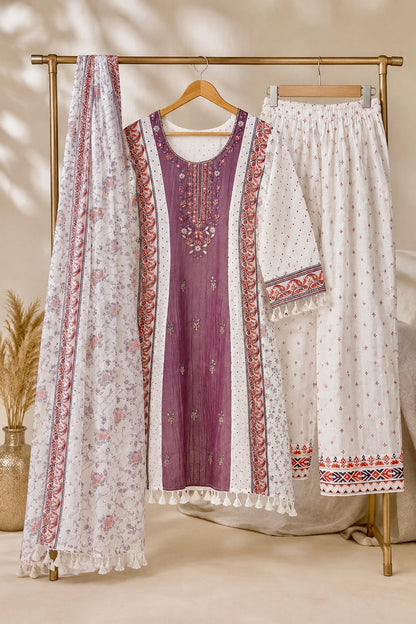 Mauve Bloom 3-piece kurta set with embroidered yoke, printed dupatta and palazzo pants displayed on a rack