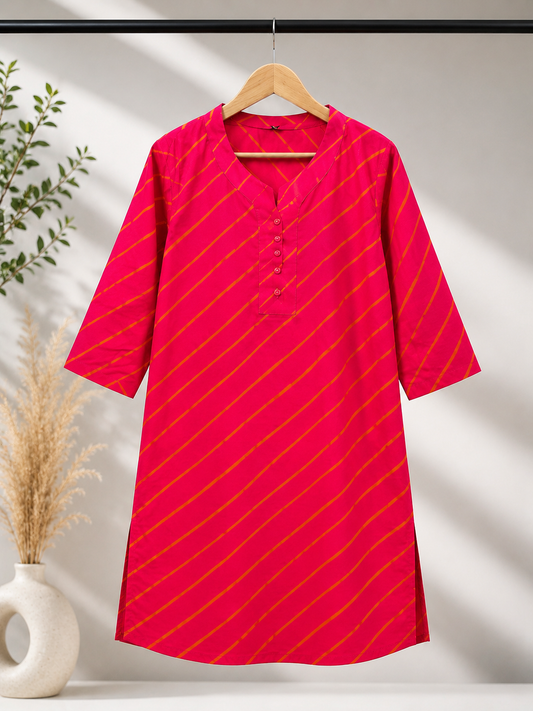 Rani Pink Leheriya Kurti with Button-Down V-Neck