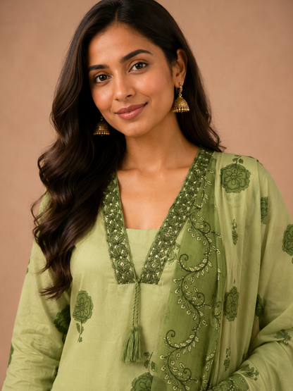 Sage Green Floral Print Embroidered Cotton 3-Piece Suit