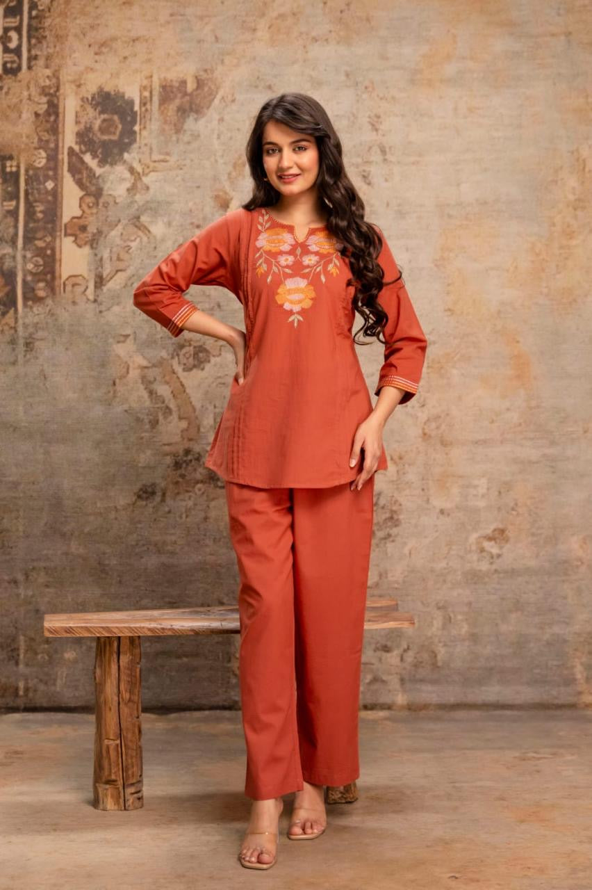Rust Bloom Embroidered Cotton Coord Set