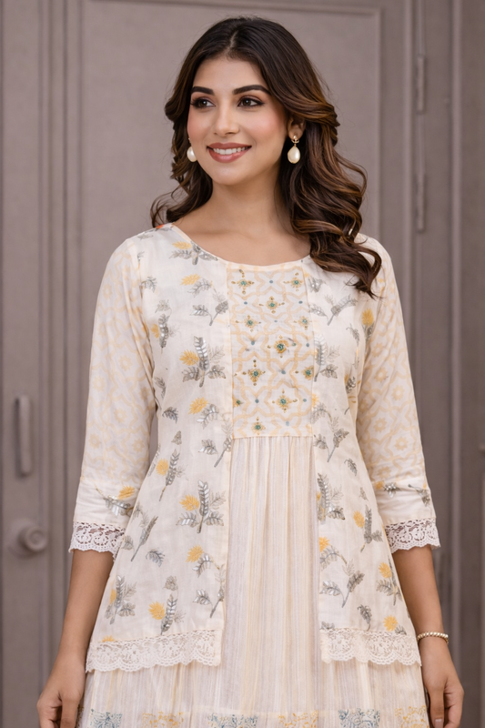 Cream Floral Print Tiered Maxi Kurti