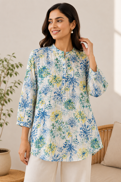 Wildflower Bloom Cotton Kurti — Blue & Green Floral Printyes