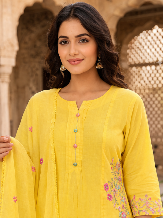 Yellow Embroidered Kurta Set with Dupatta | Floral Thread Work | 3-Piece Ethnic Co-ord