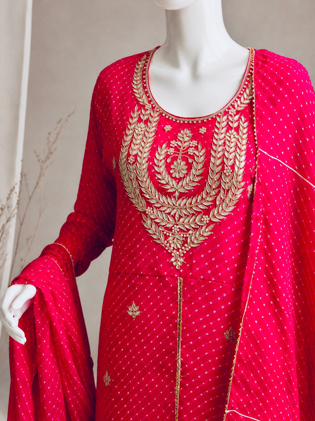 Rani Pink Mothra Kurta Sharara Set with Gold Zardozi Embroidery & Dupatta
