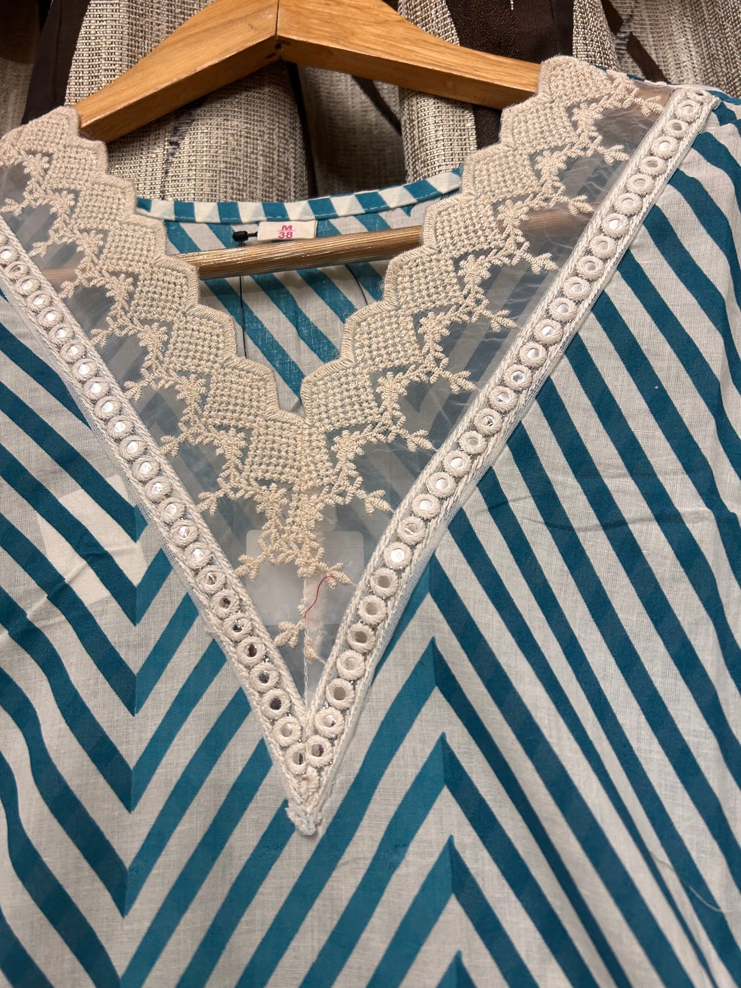 Teal Chevron Stripe & Floral 3-Piece Kurta Set with Lace Detailing | Coord Set with Dupatta