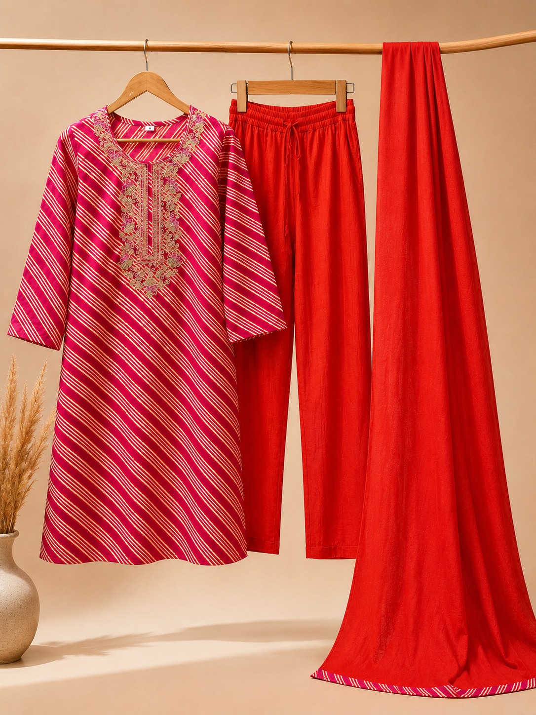 Rani Pink Leheriya Kurta Set with Gold Zari Embroidery & Red Palazzo Dupatta