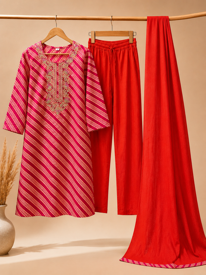 Rani Pink Leheriya Kurta Set with Gold Zari Embroidery & Red Palazzo Dupatta