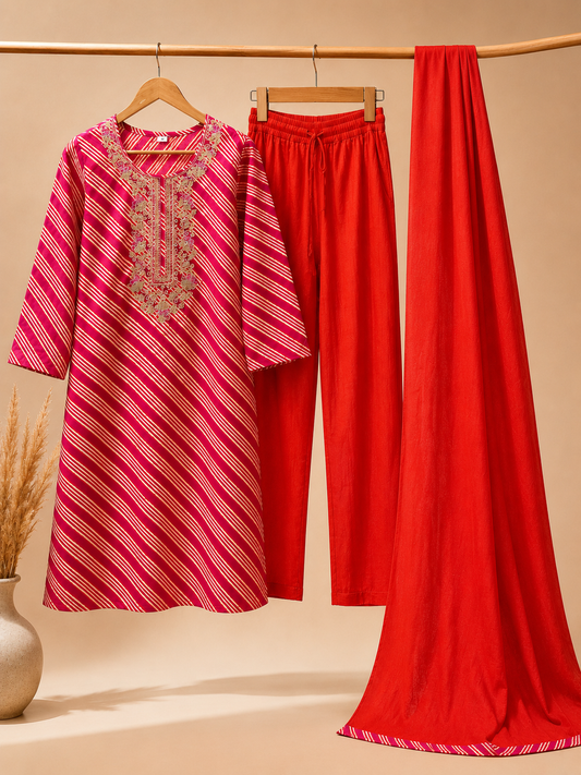 Rani Pink Leheriya Kurta Set with Gold Zari Embroidery & Red Palazzo Dupatta