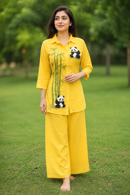 Yellow Panda Bamboo Embroidered Cotton Coord Set