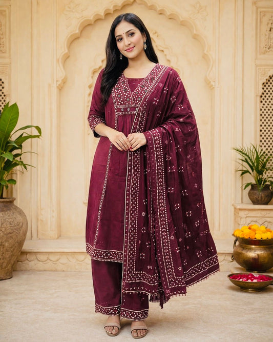 Deep Wine Cotton Mirror Anarkali Kurti Set with Dupatta