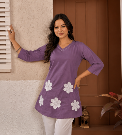 Mauve Bloom Floral Appliqué Cotton Coord Set