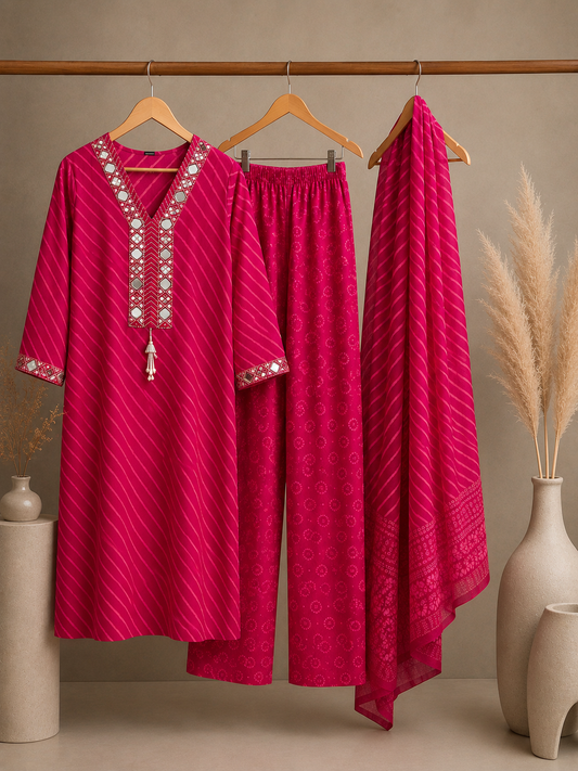 Rani Pink Leheriya Mirror Work Kurta Set with Palazzo & Dupatta